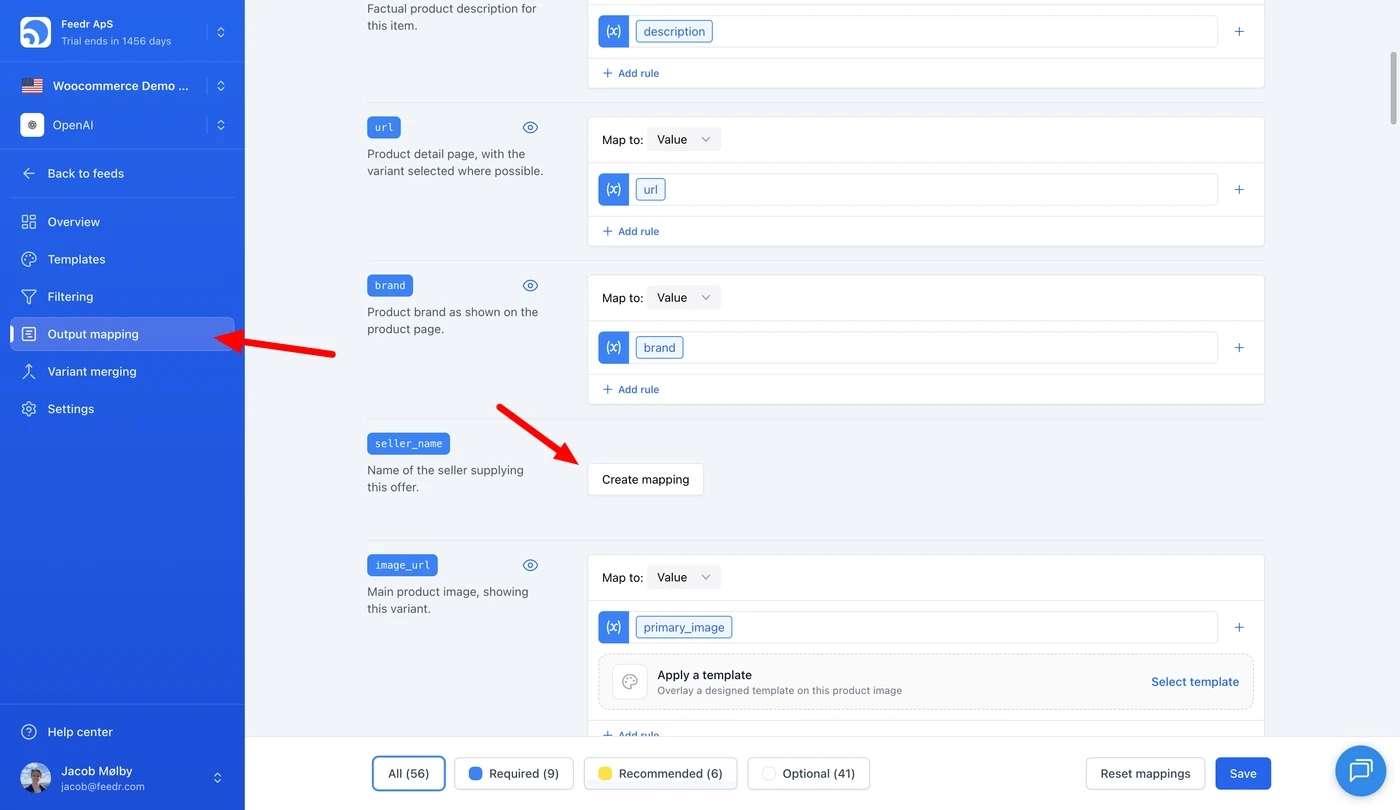 The output mapping of an OpenAI feed in Feedr, with a Create mapping button for the store name