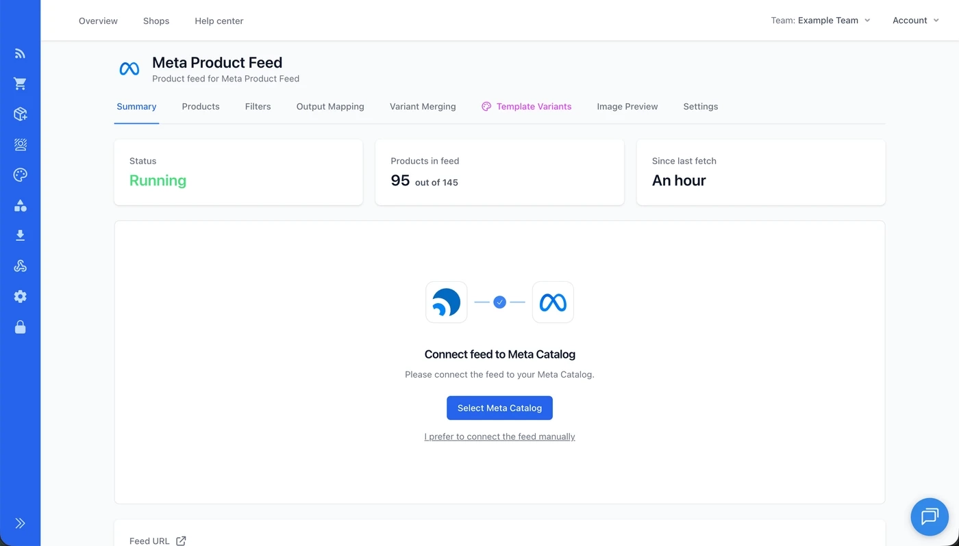 The Connect feed to Meta Catalog step on a Meta product feed in Feedr, with a Select Meta Catalog button