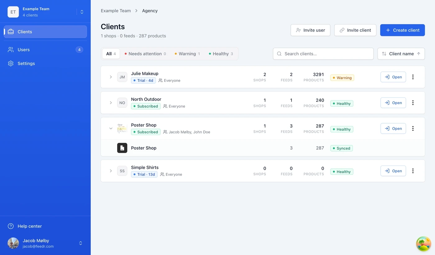 The agency Clients page, with each client's subscription, counts and health status