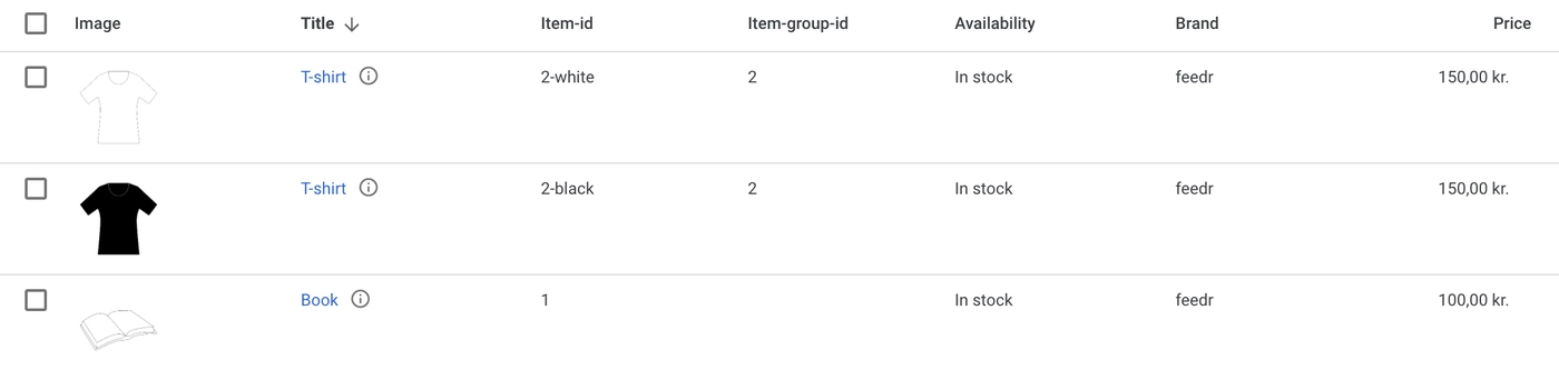 Overview of items in Google Merchant center using the item-group-id field to group variations — Right configuration and how things should look with values in the item-group-id column.