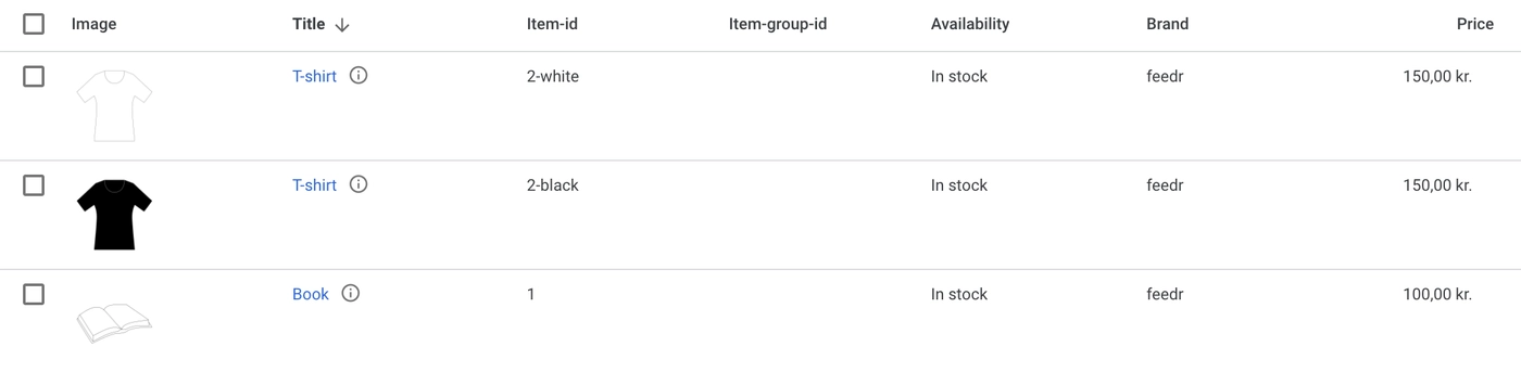 Overview of items in Google Merchant Center not using the item-group-id field — Wrong configuration where each variation is listed on it’s own (no item-group-id specified)