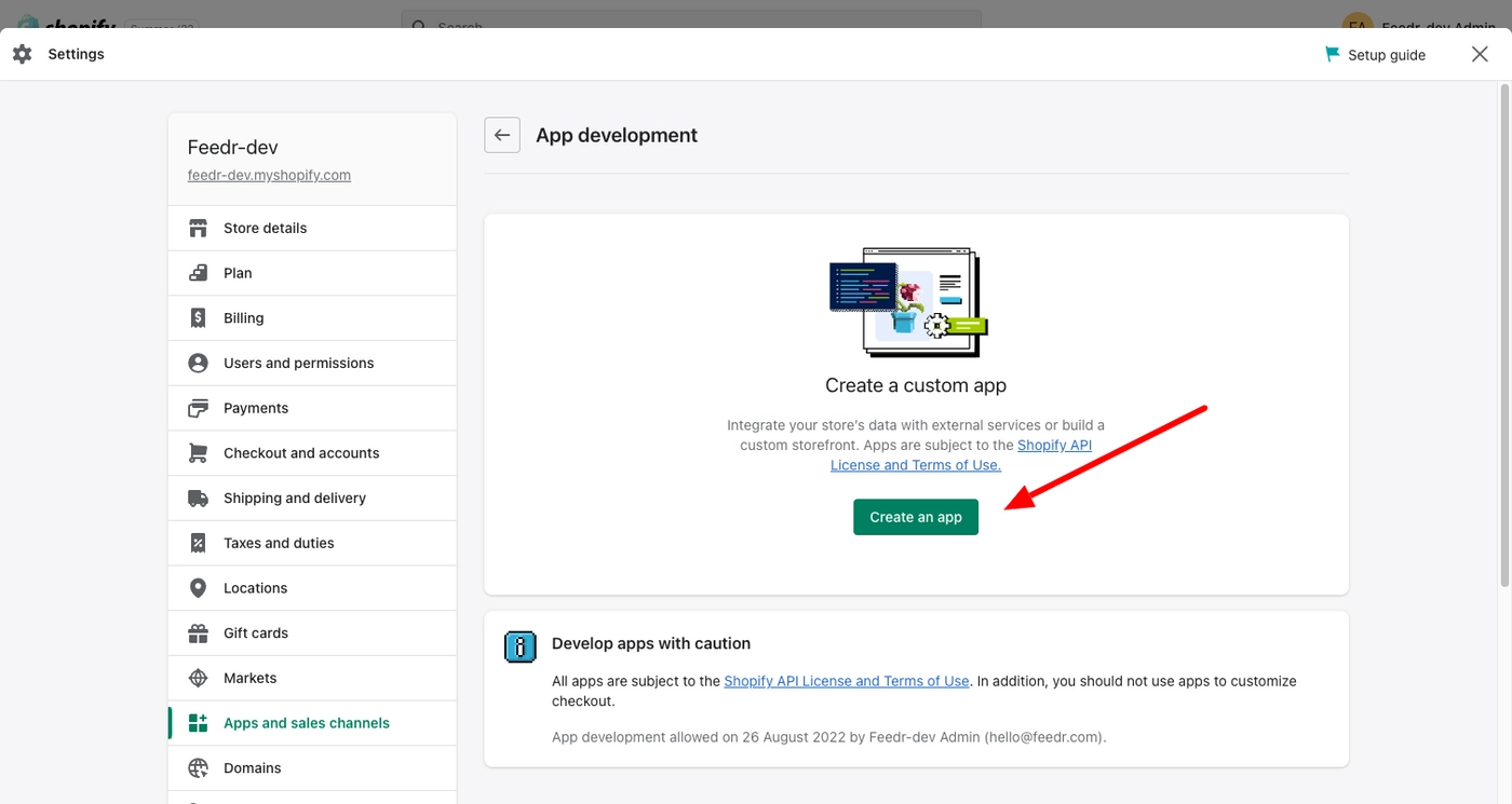 Create a new app by clicking the "Create an app"-button and enter "Feedr" as app name
