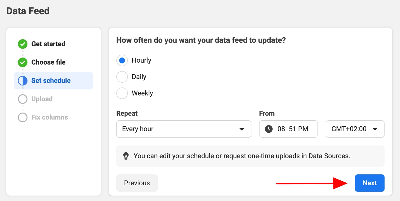 Data feed schedule in Meta Business Manager