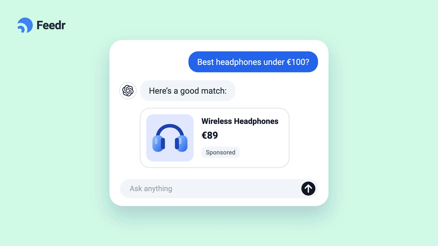 Illustration of a ChatGPT conversation answering with a sponsored product card for headphones