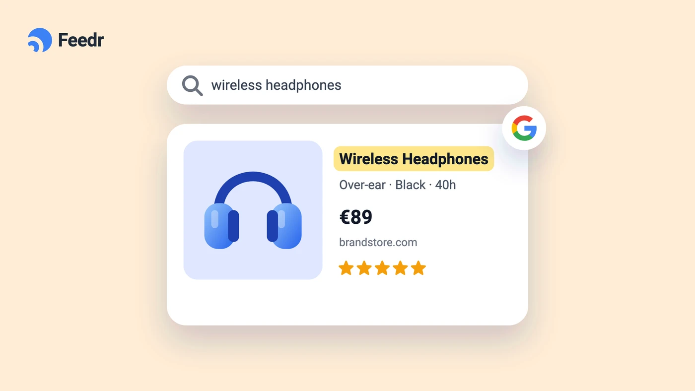 Illustration of a Google Shopping search result for wireless headphones with the product title highlighted