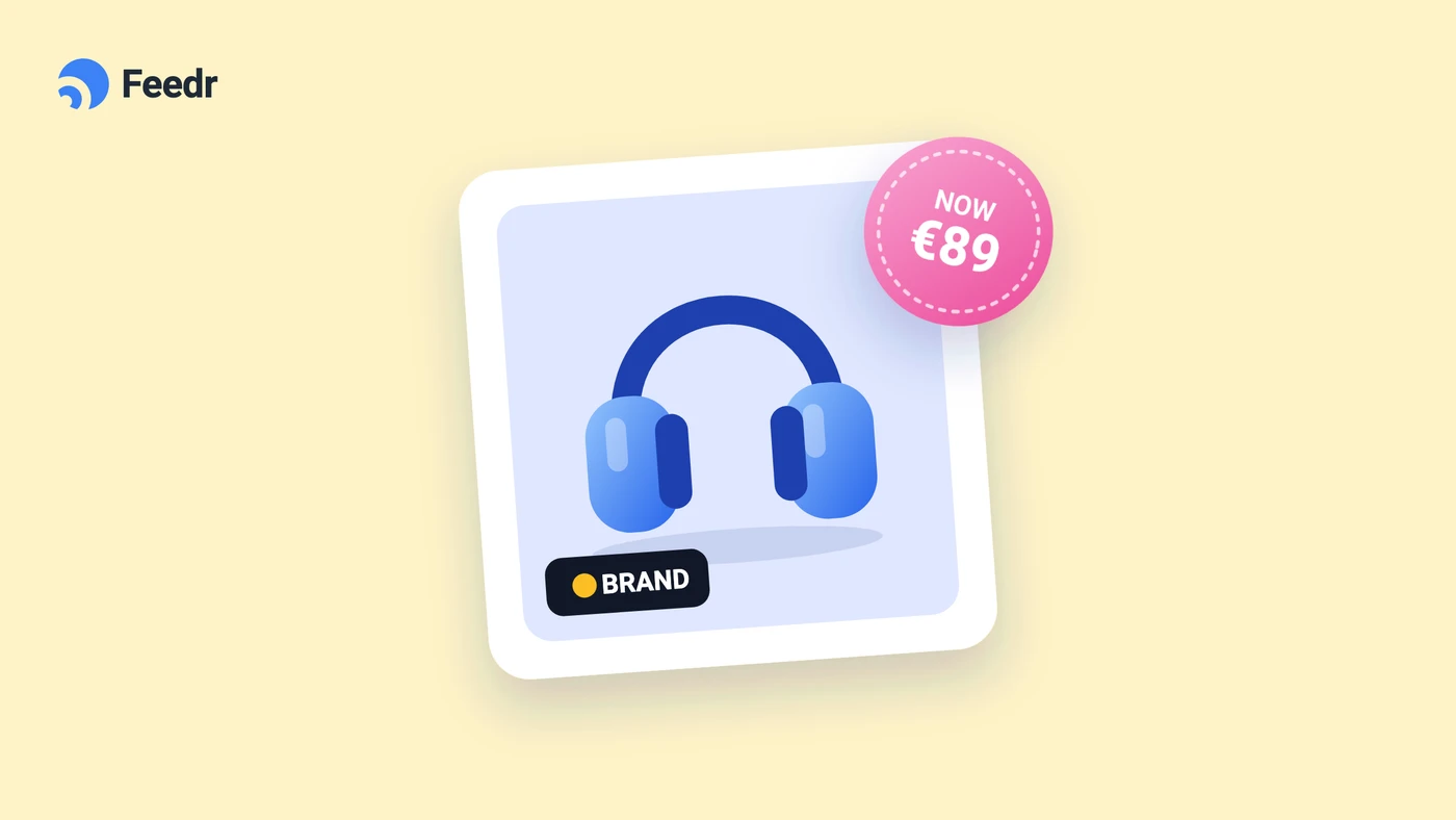 Illustration of a catalog ad image of headphones with a NOW €89 price sticker and a brand logo added