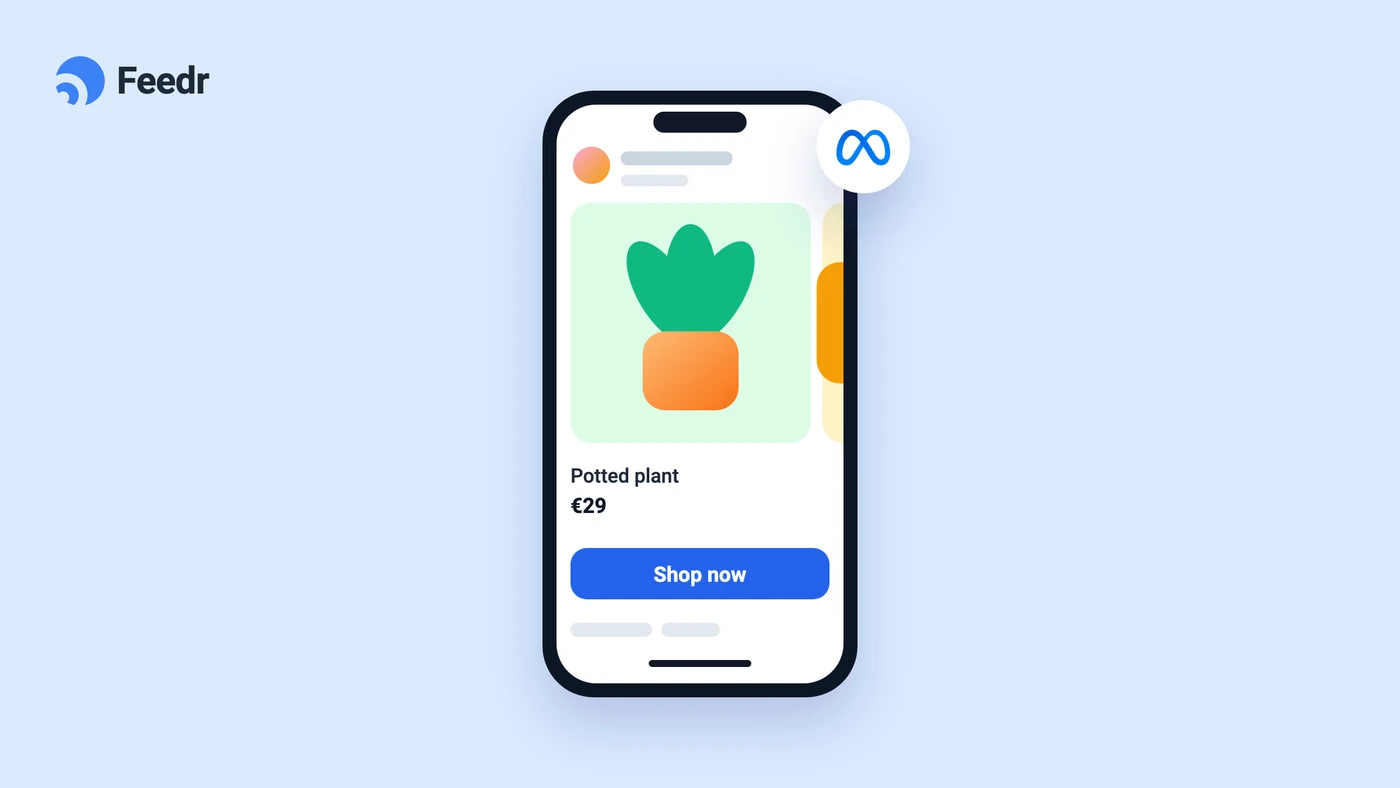 Illustration of a phone showing a Meta catalog ad carousel with a Shop now button