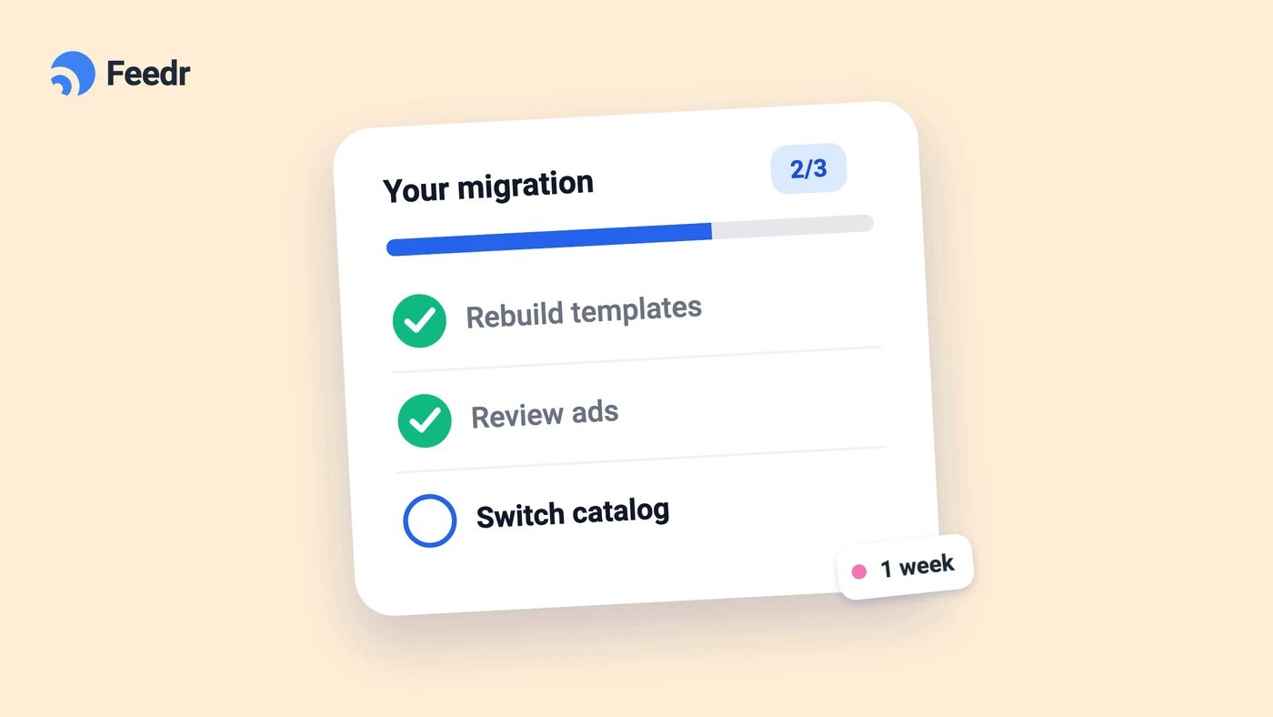 Illustration of a migration checklist with Rebuild templates and Review ads done, Switch catalog next, and a 1 week tag