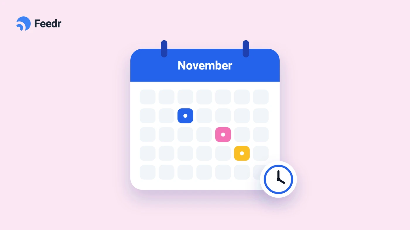 Illustration of a November calendar with highlighted dates and a clock