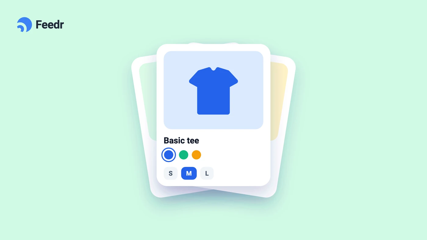 Illustration of a product card for a basic tee with color swatches and S, M and L sizes, with variant cards behind it