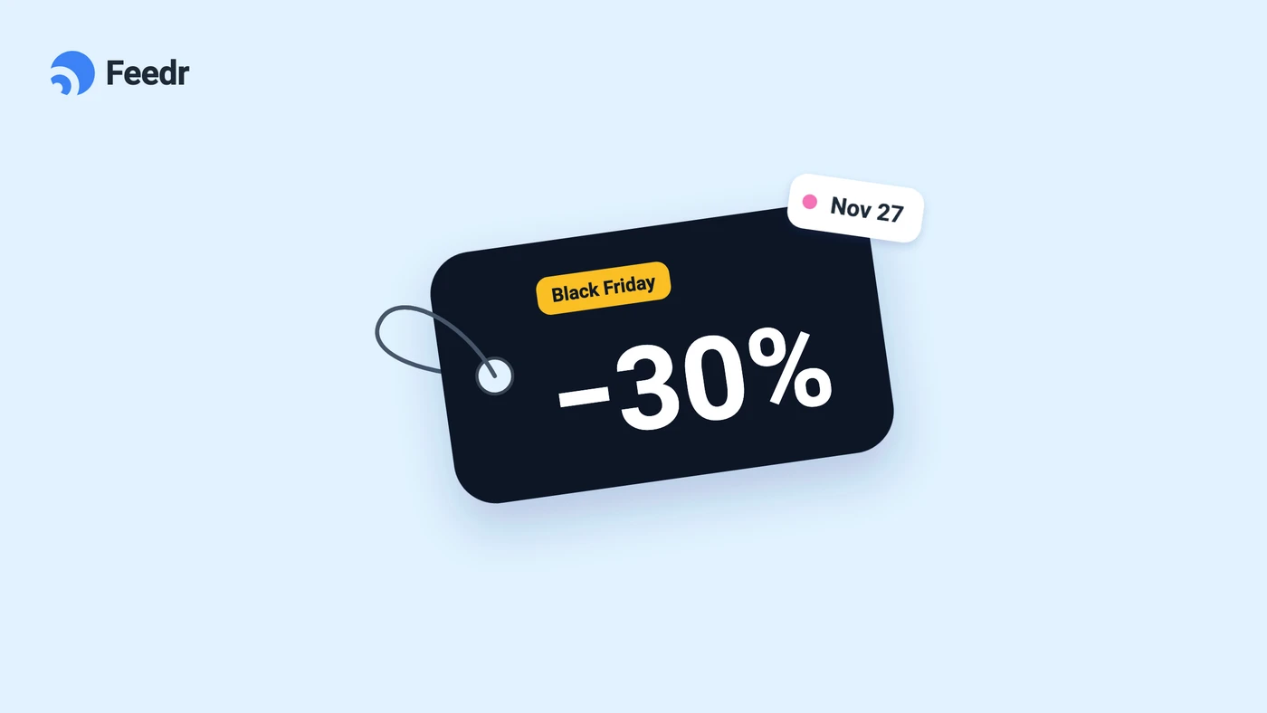 Illustration of a Black Friday price tag reading −30% with a Nov 27 date tag