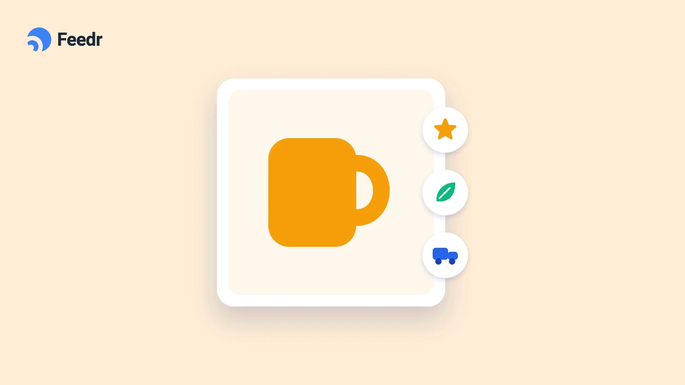 Illustration of a mug product ad with star, leaf and delivery truck icons