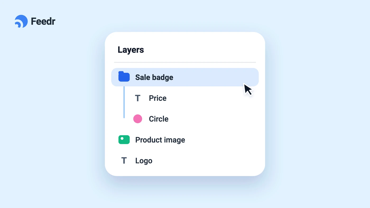Illustration of a layers panel with a Sale badge group containing a price and a circle
