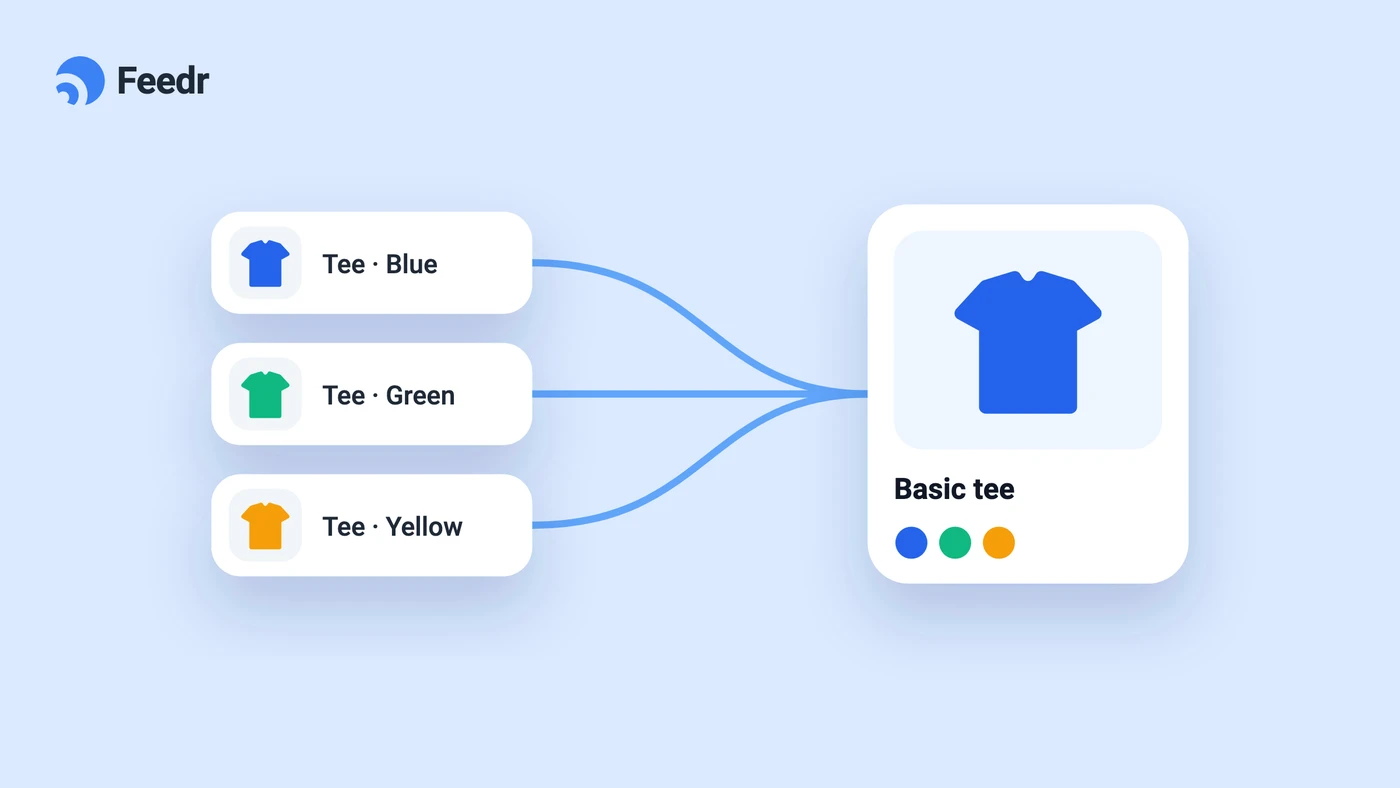 Illustration of three tee variants in blue, green and yellow merging into one product card